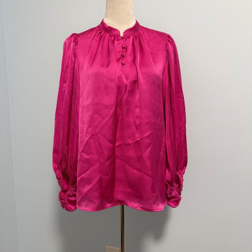 Vince‎ Camuto Hot Pink Collarless Neckline Blouse Balloon Sleeve Size M